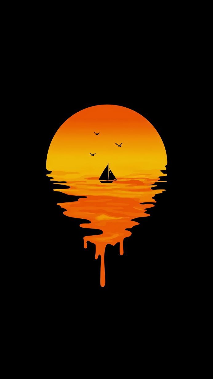 Silhouette of a sailboat at sunset with birds flying over the sea