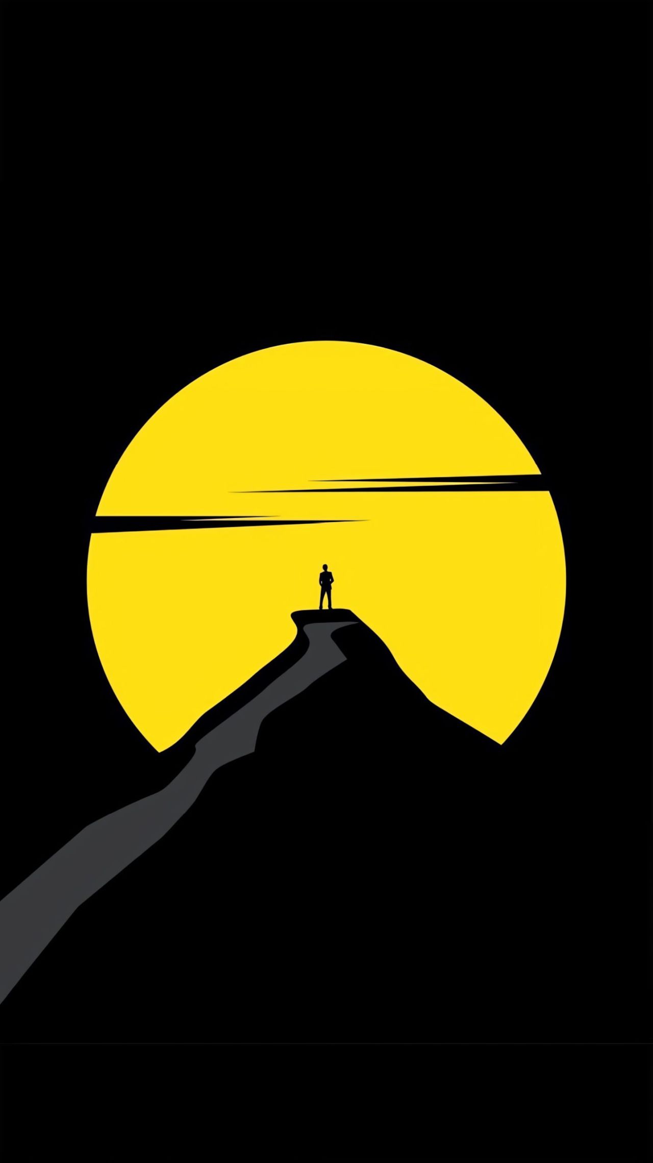 Person silhouette on hill against yellow circle