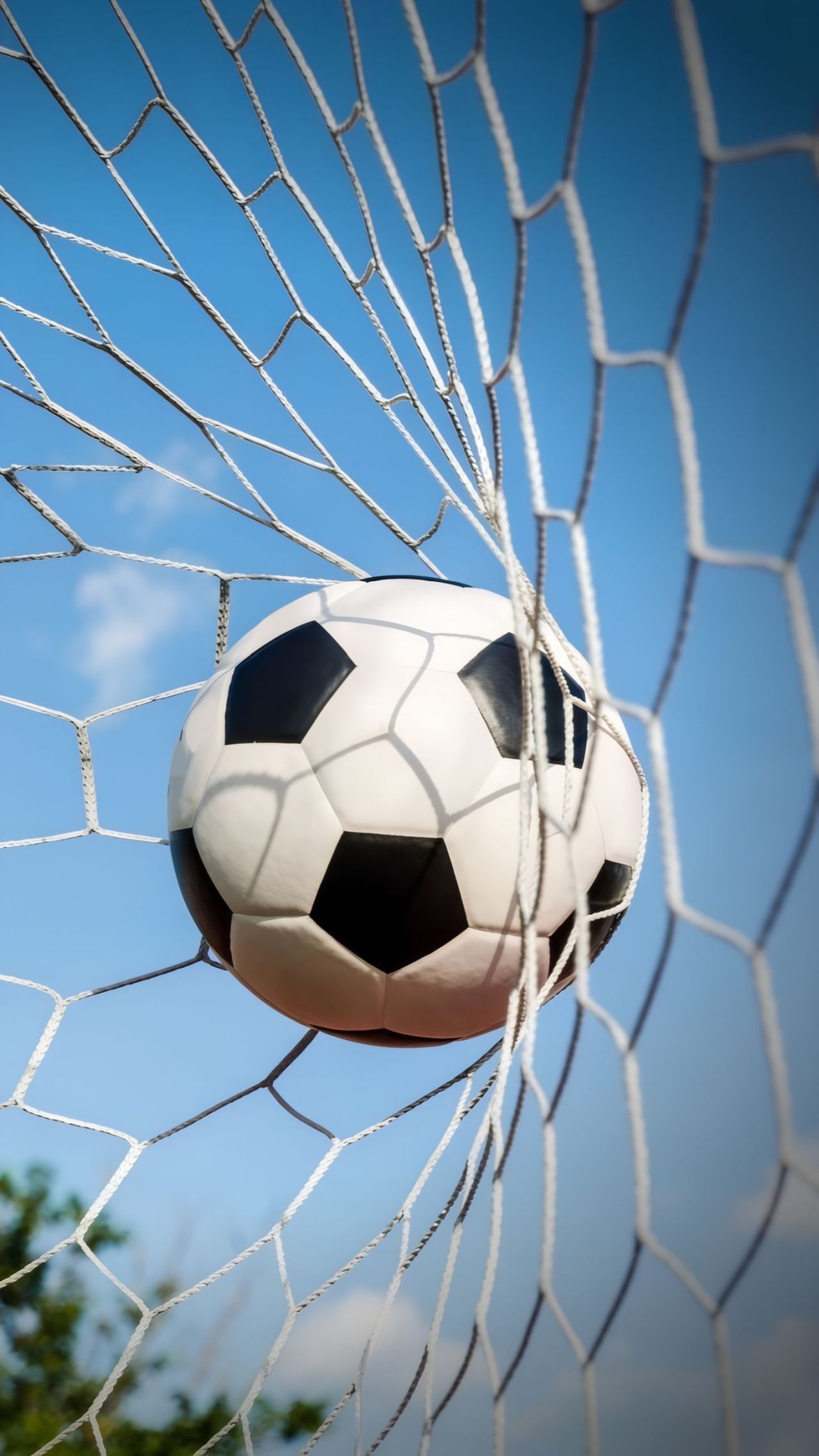 Soccer ball caught in a goal net under blue sky