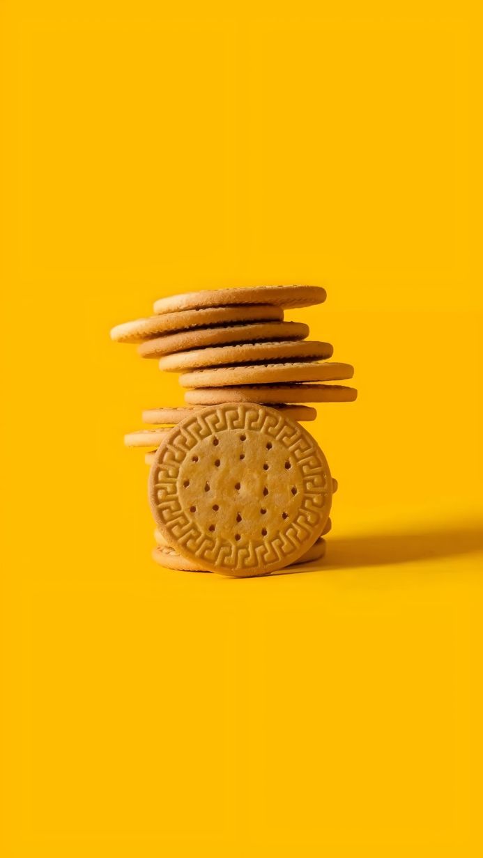 Stack of beige biscuits on a yellow background