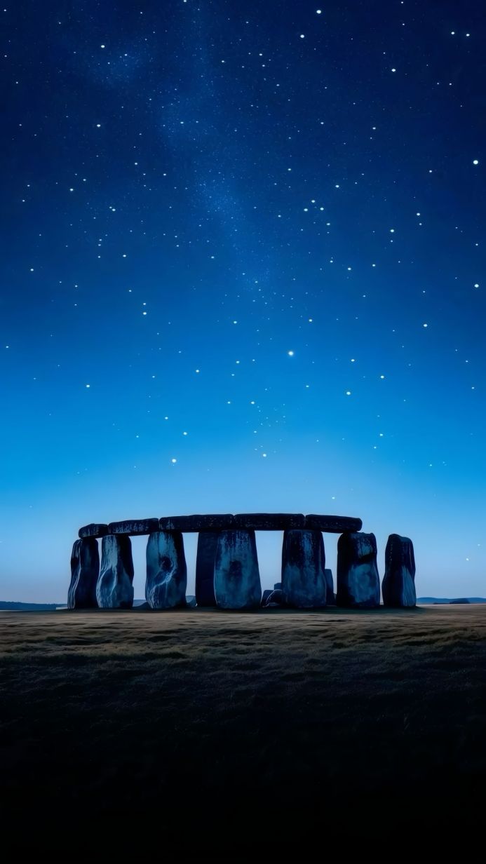 Stonehenge under a starry night sky, ancient monument, dark tones