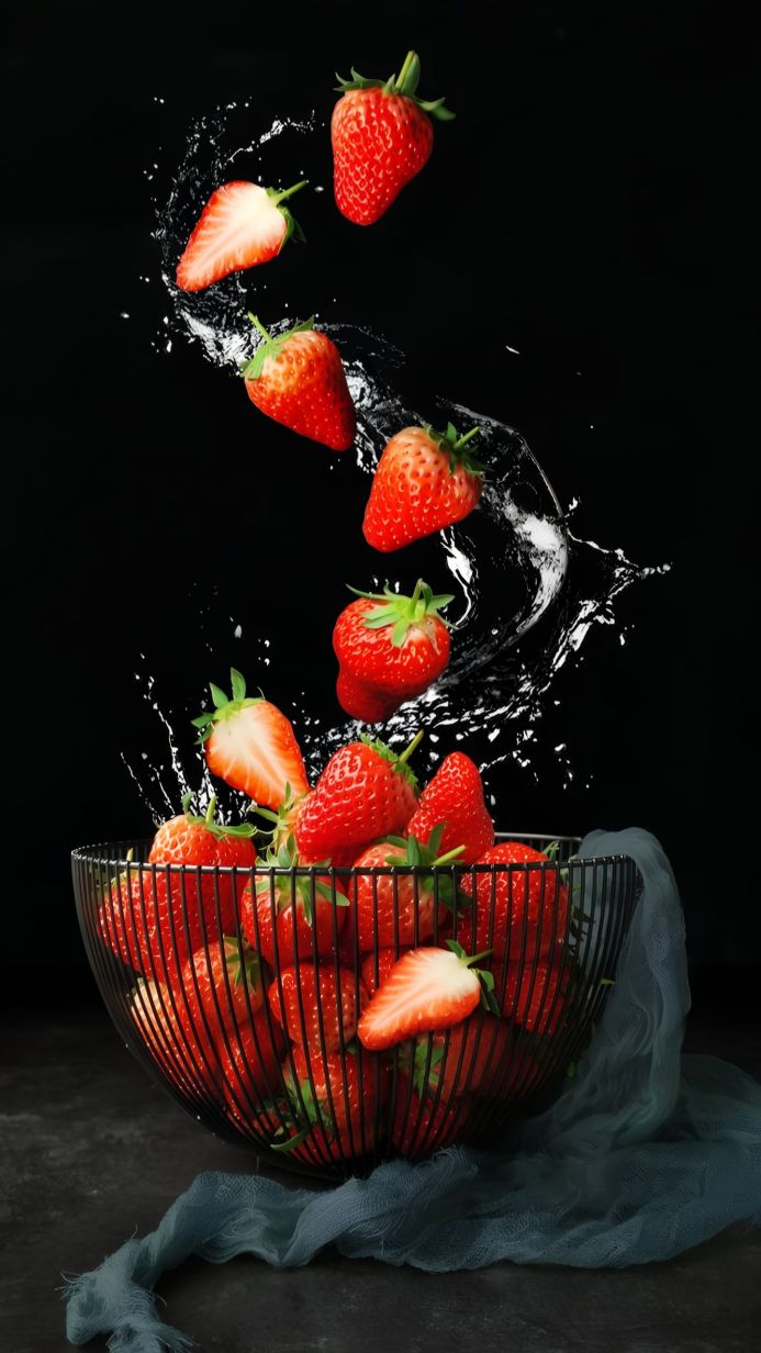 Strawberries in a bowl with splashing water on a black background