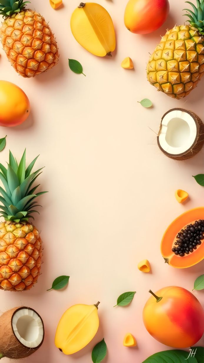 Assortment of tropical fruits: pineapples, mangoes, coconut, and papaya with leaves on a pink background
