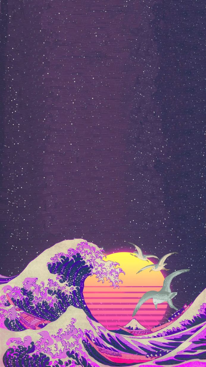 Retro Japanese art with a large wave, sun, birds, and mountain under a starry sky