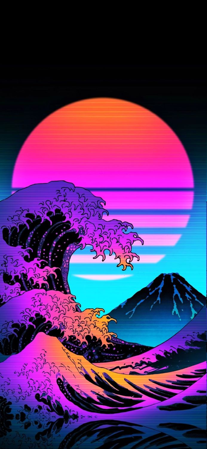 Vaporwave style image of a wave, sun, and mountain with vibrant colors