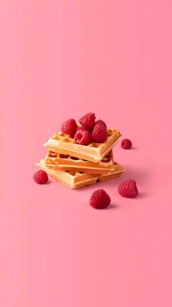 A stack of waffles with raspberries on a pink background