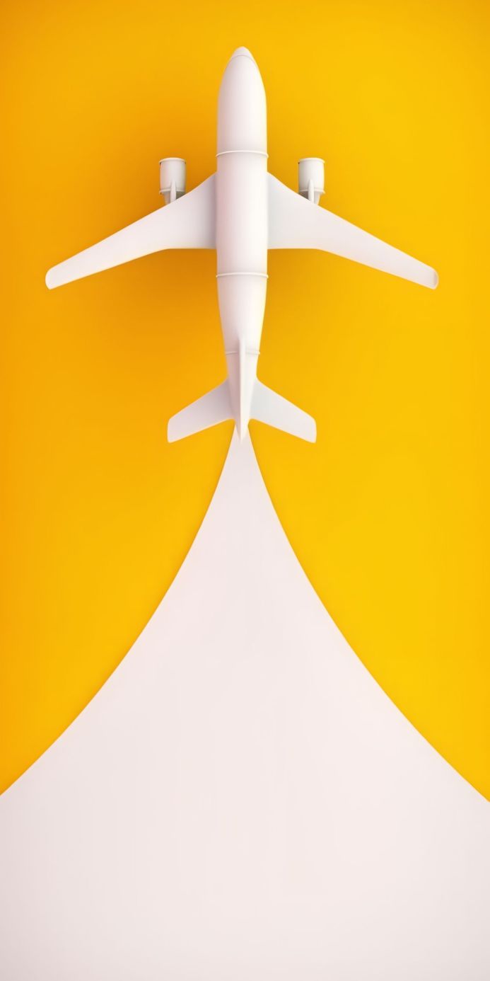 White airplane on a yellow background with a white takeoff path