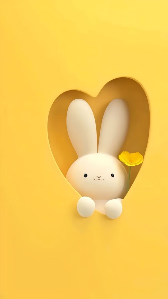 White bunny in a yellow heart holding a yellow flower