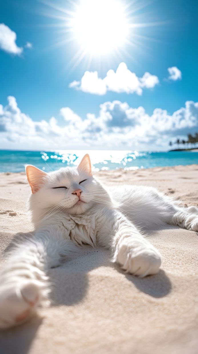 A fluffy white cat is resting on a sandy beach, with a bright blue sky and ocean in the background