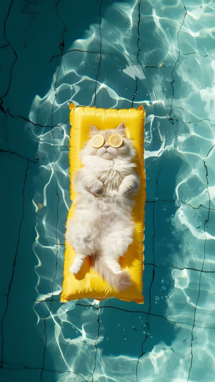White cat with lemon slices on eyes floating on a yellow inflatable mattress in a swimming pool