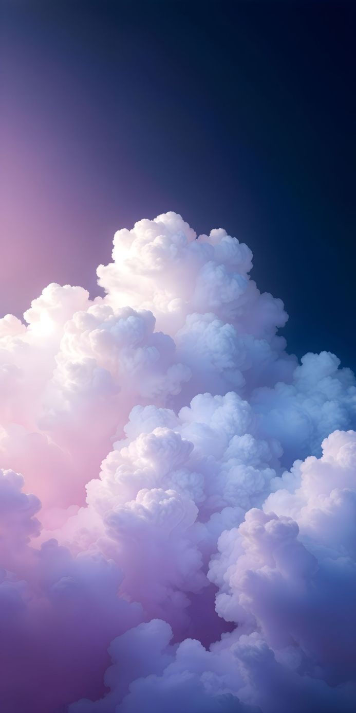Fluffy white clouds against a gradient purple and blue sky
