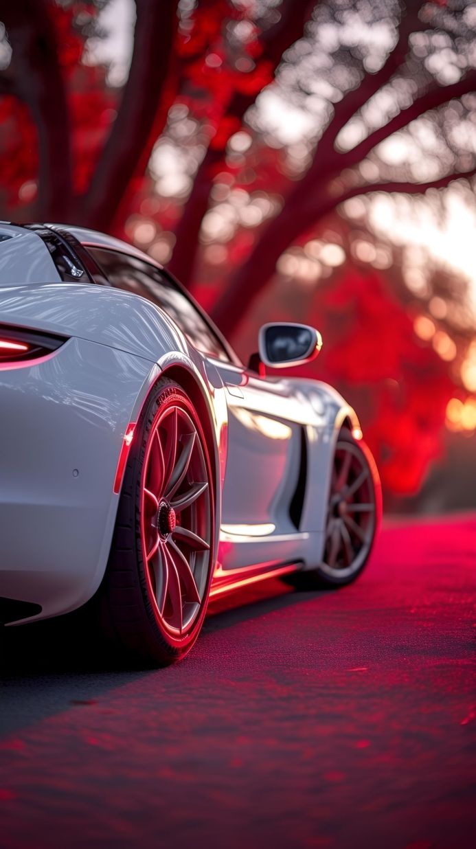 A white sports car with red accents is parked on the asphalt road