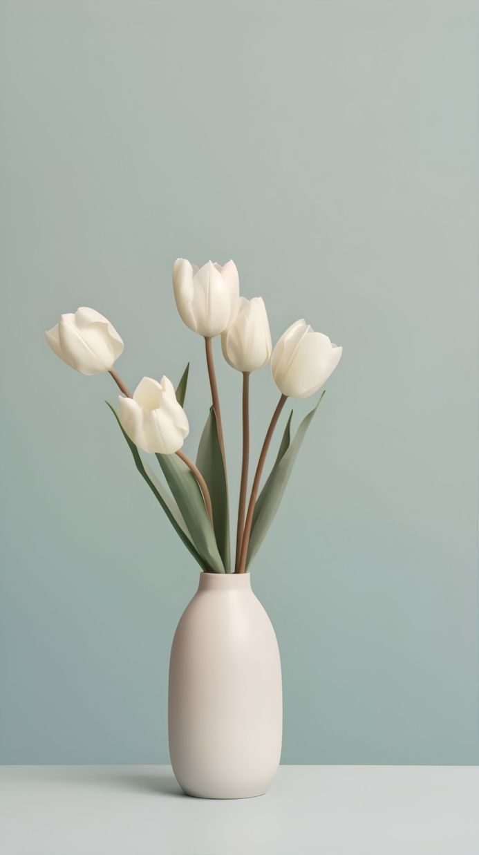 White tulips in a vase against a blue background