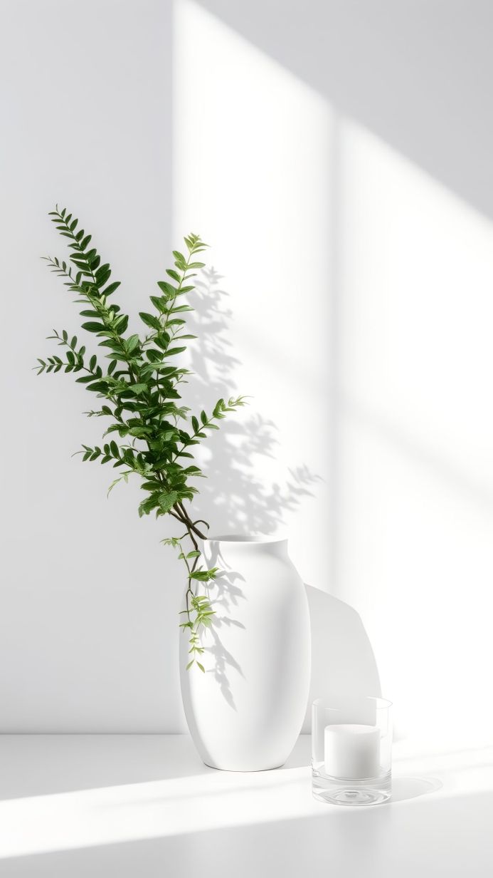 Still life with a white vase, plant, and candle against a white background with window light