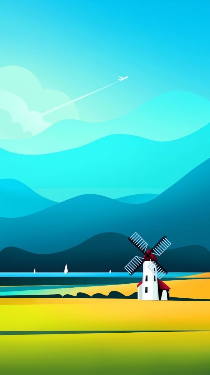A windmill on a beach with mountains, an airplane in the sky, blue sky