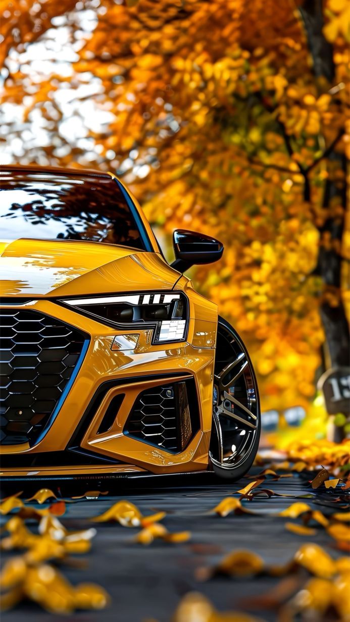 Yellow car on a road covered with autumn leaves