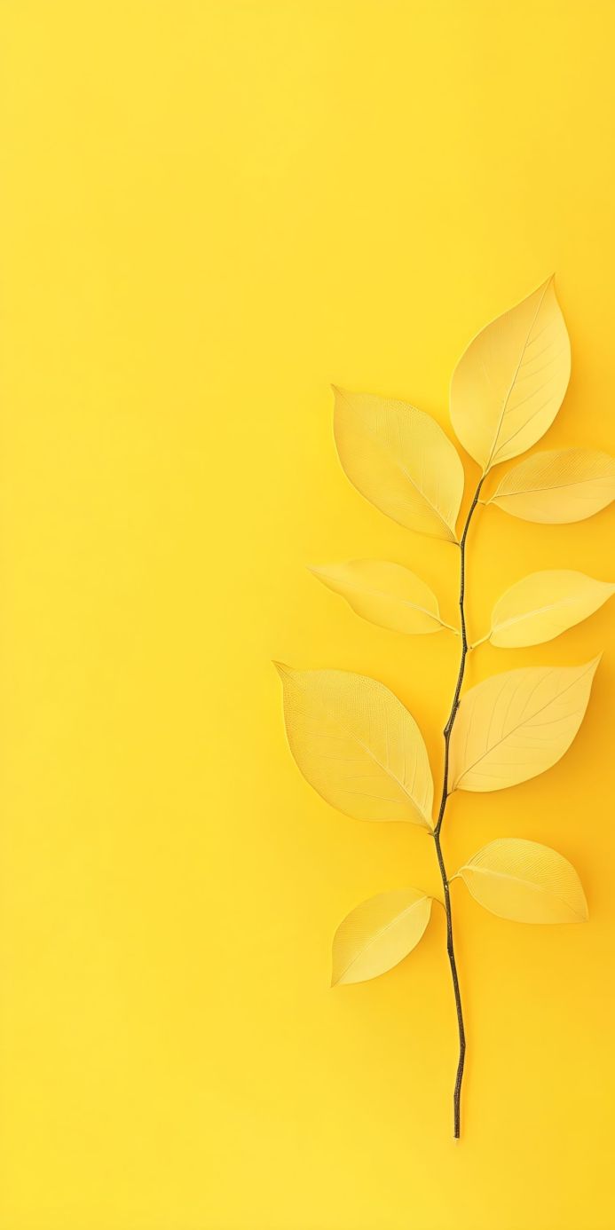A single branch with yellow leaves on a yellow background