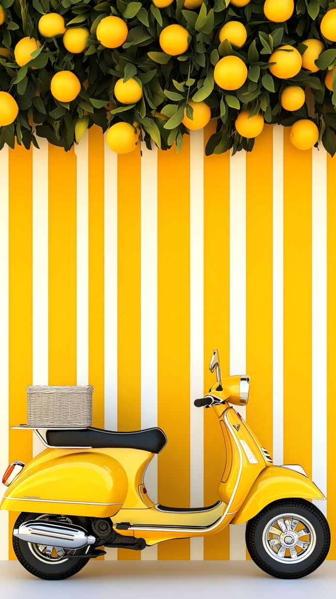 A yellow scooter parked in front of a yellow and white striped wall, adorned with oranges and green leaves