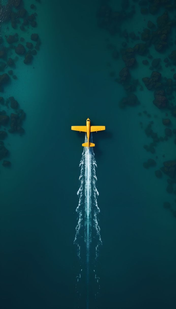A yellow seaplane landing on turquoise water, aerial view