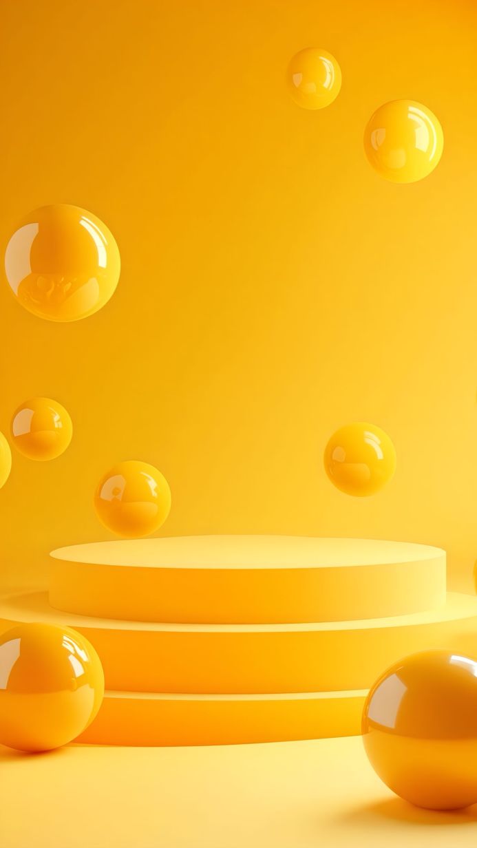 A yellow background with a platform and floating spheres