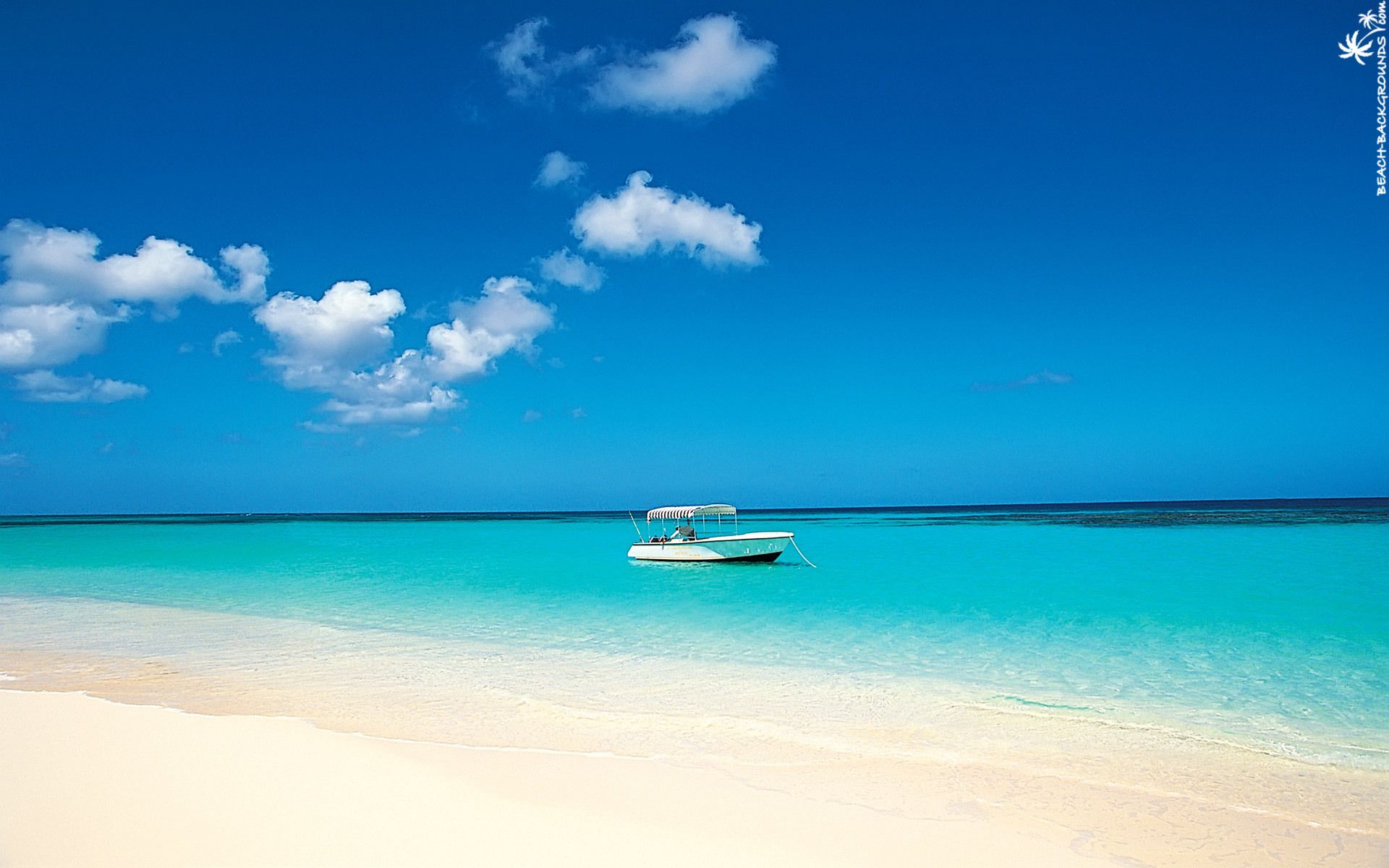 blue sky and beach with boat wallpaper