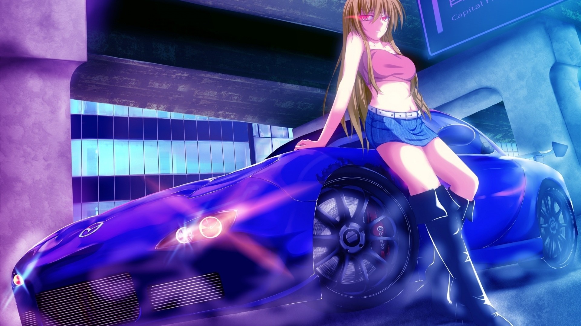 Anime Girl With Car Wallpaper 1920x1080