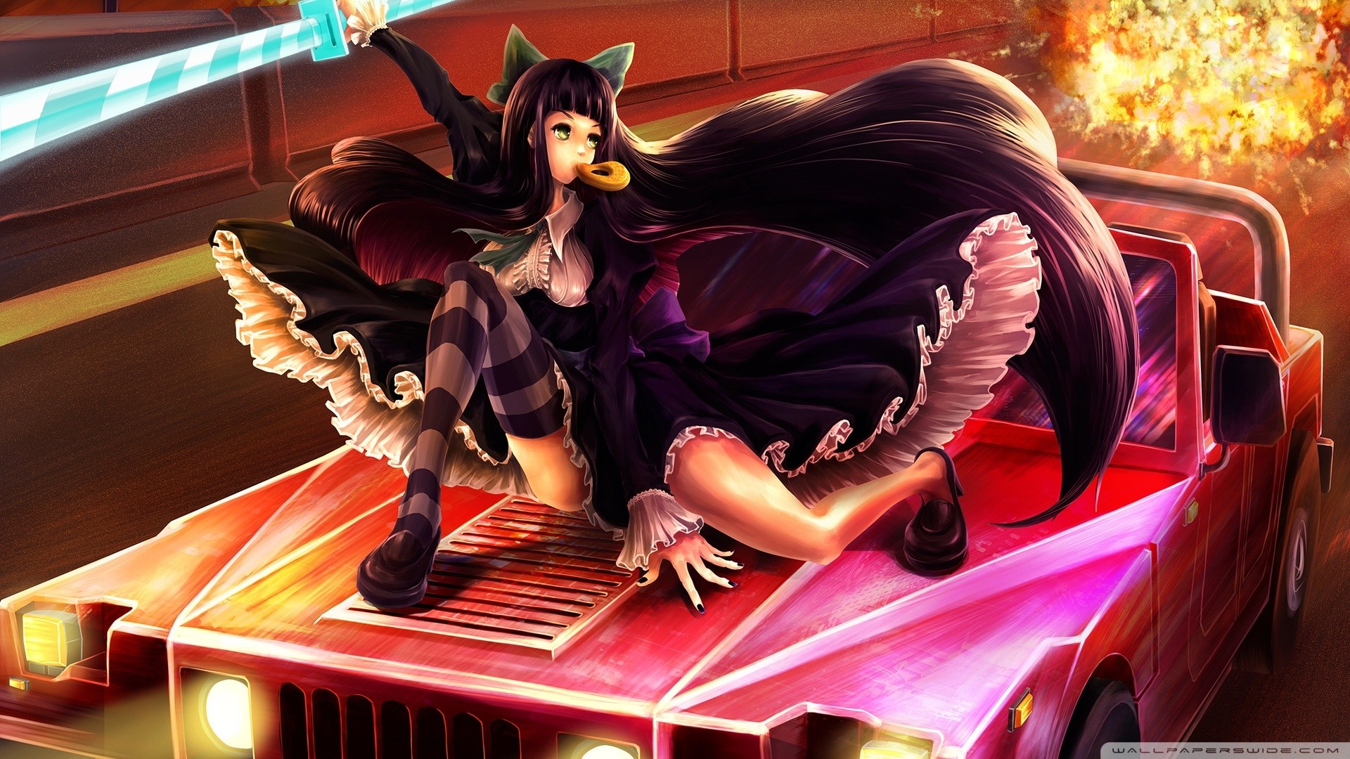 Anime Girl With Car Wallpaper Full HD