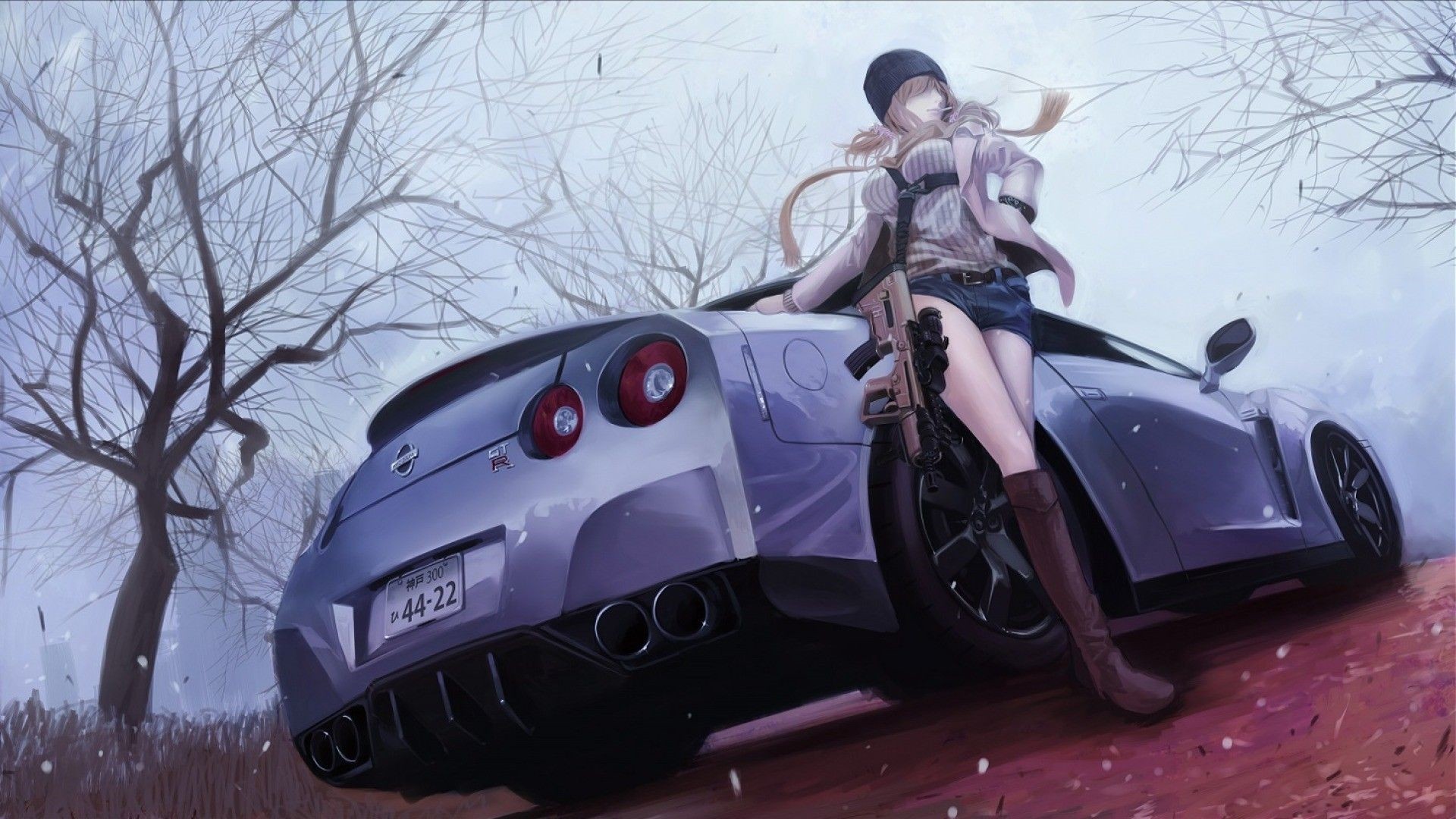 Anime Girl With Car Wallpaper Full HD
