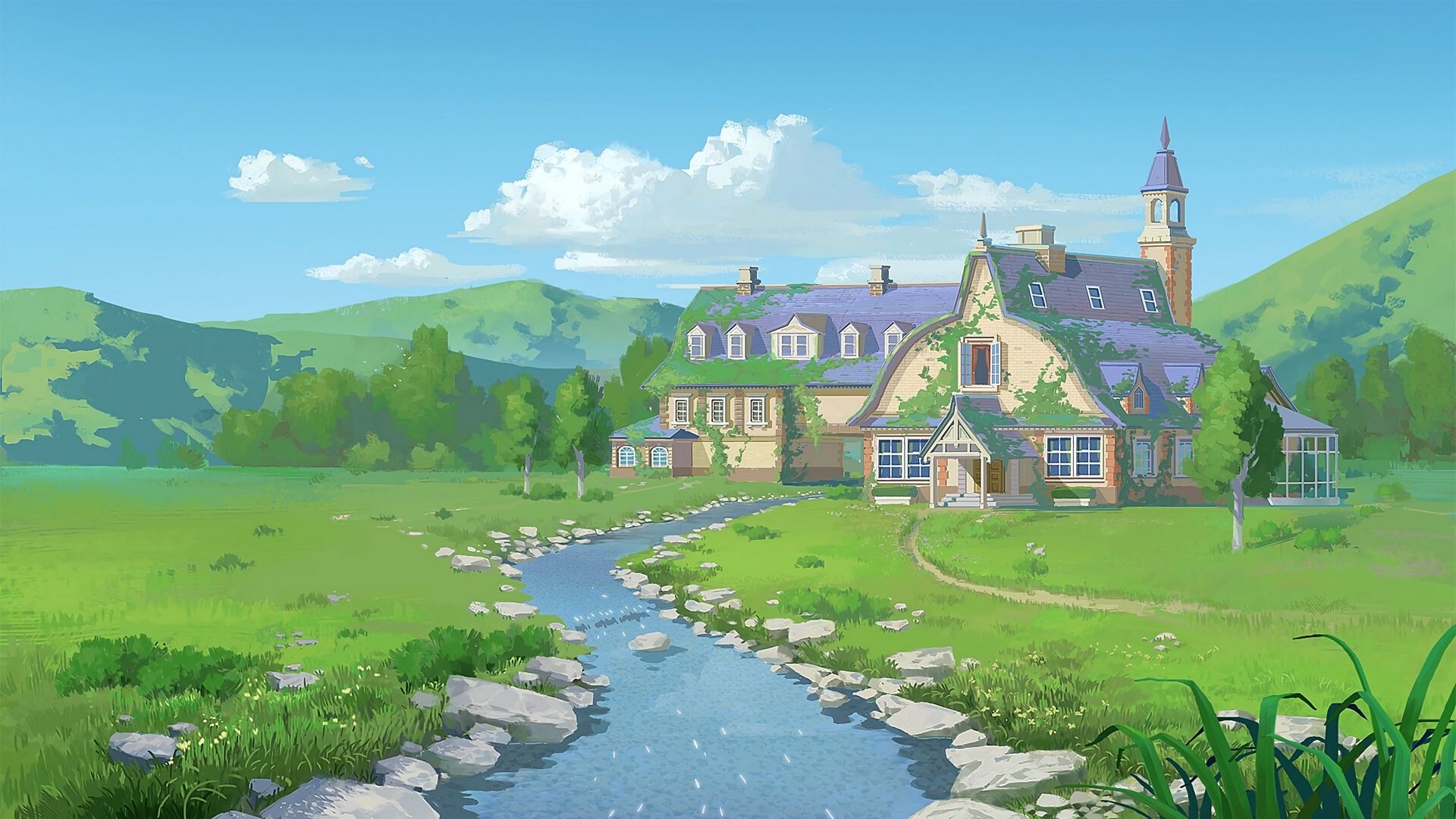 House By The River Art Background Wallpaper