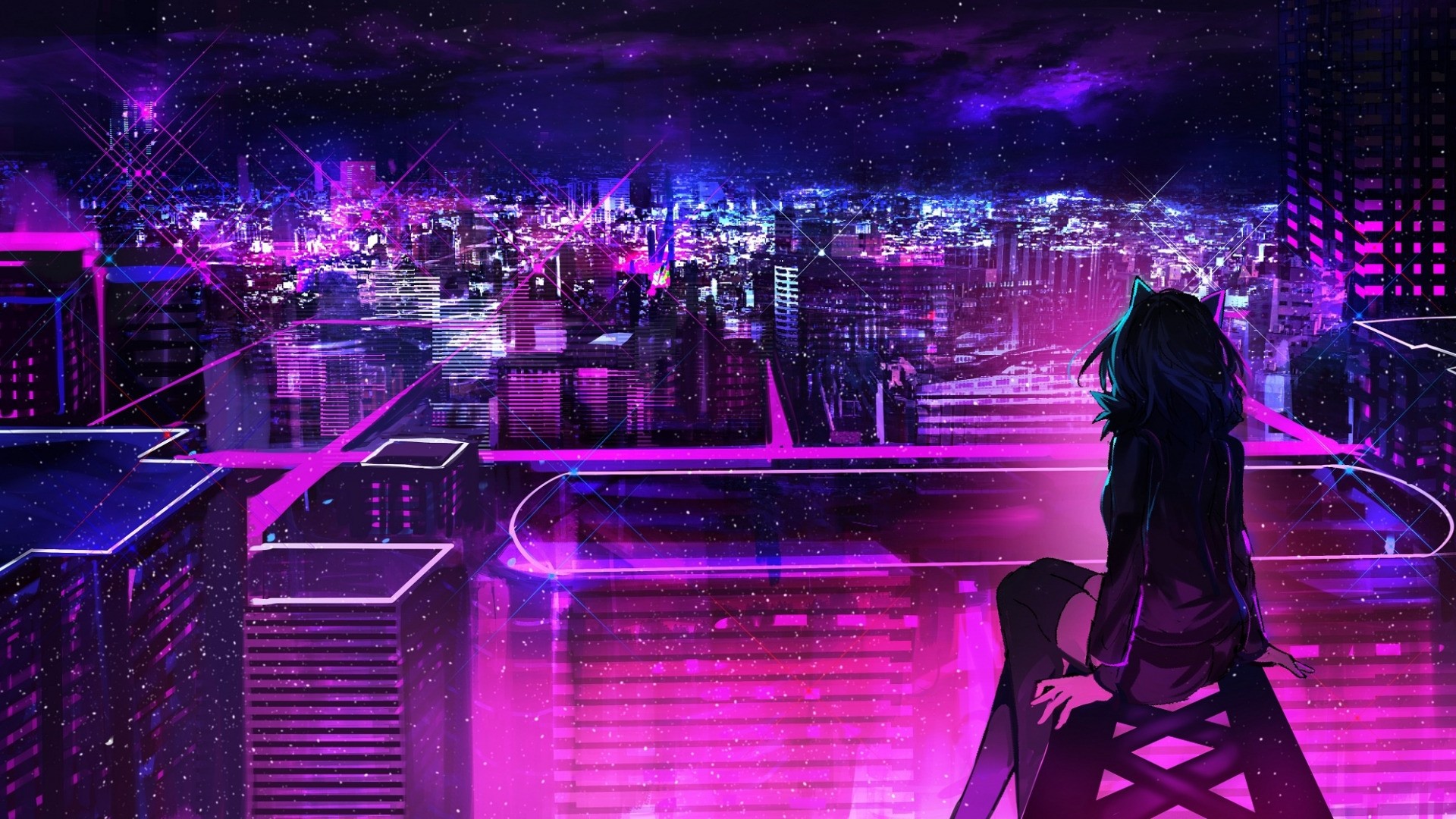 Anime Night Neon Desktop Wallpaper