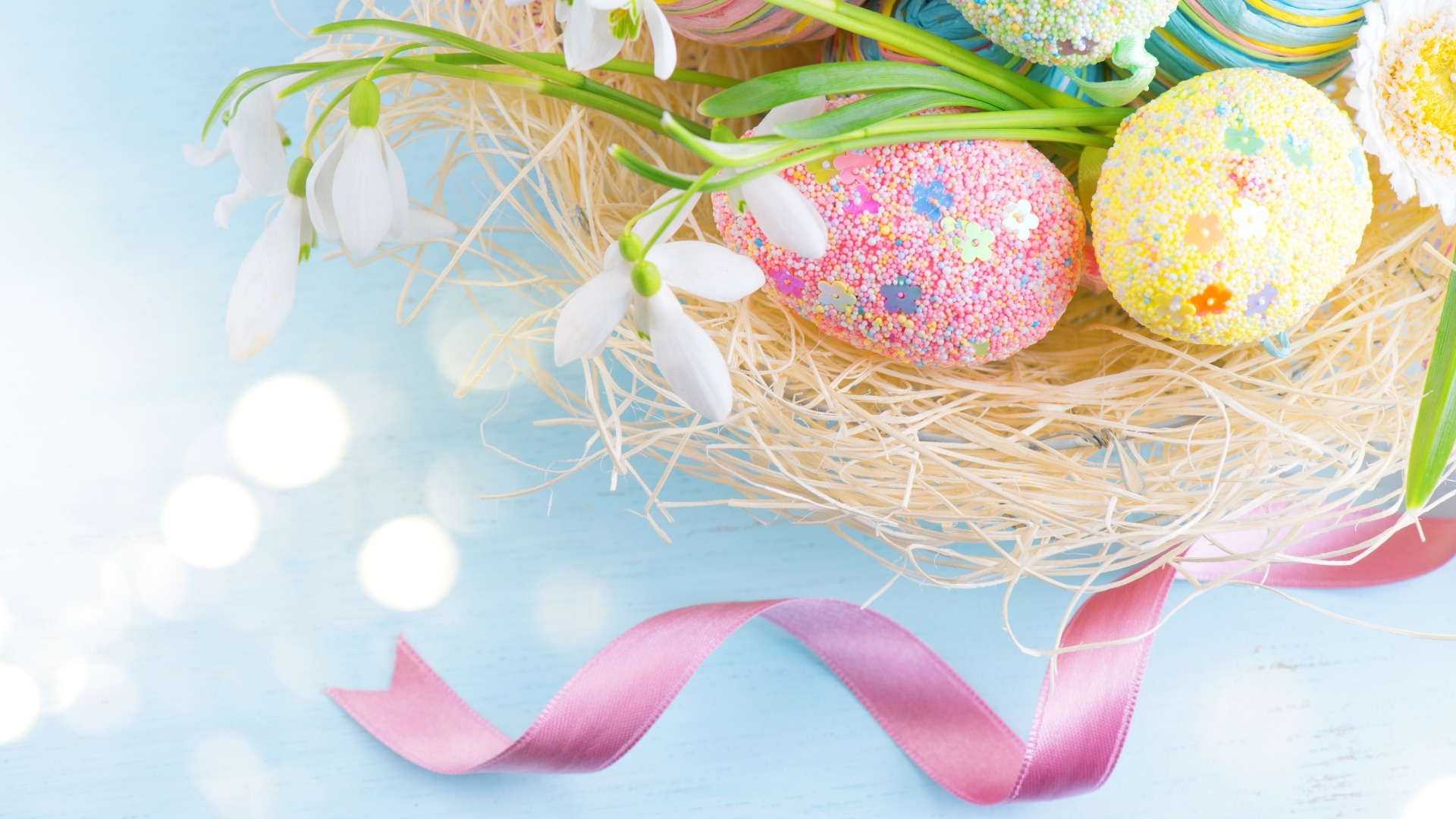 Easter Eggs With Ribbon Background