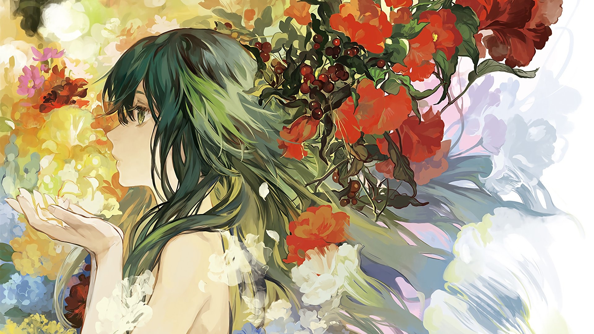 Anime Girl And Flowers computer background