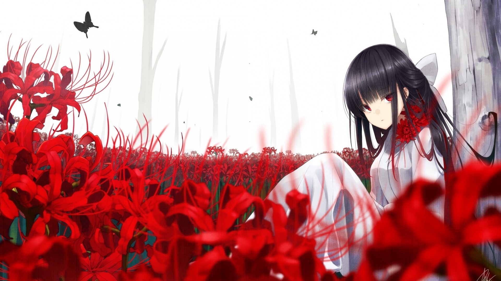 Anime Girl And Flowers background picture